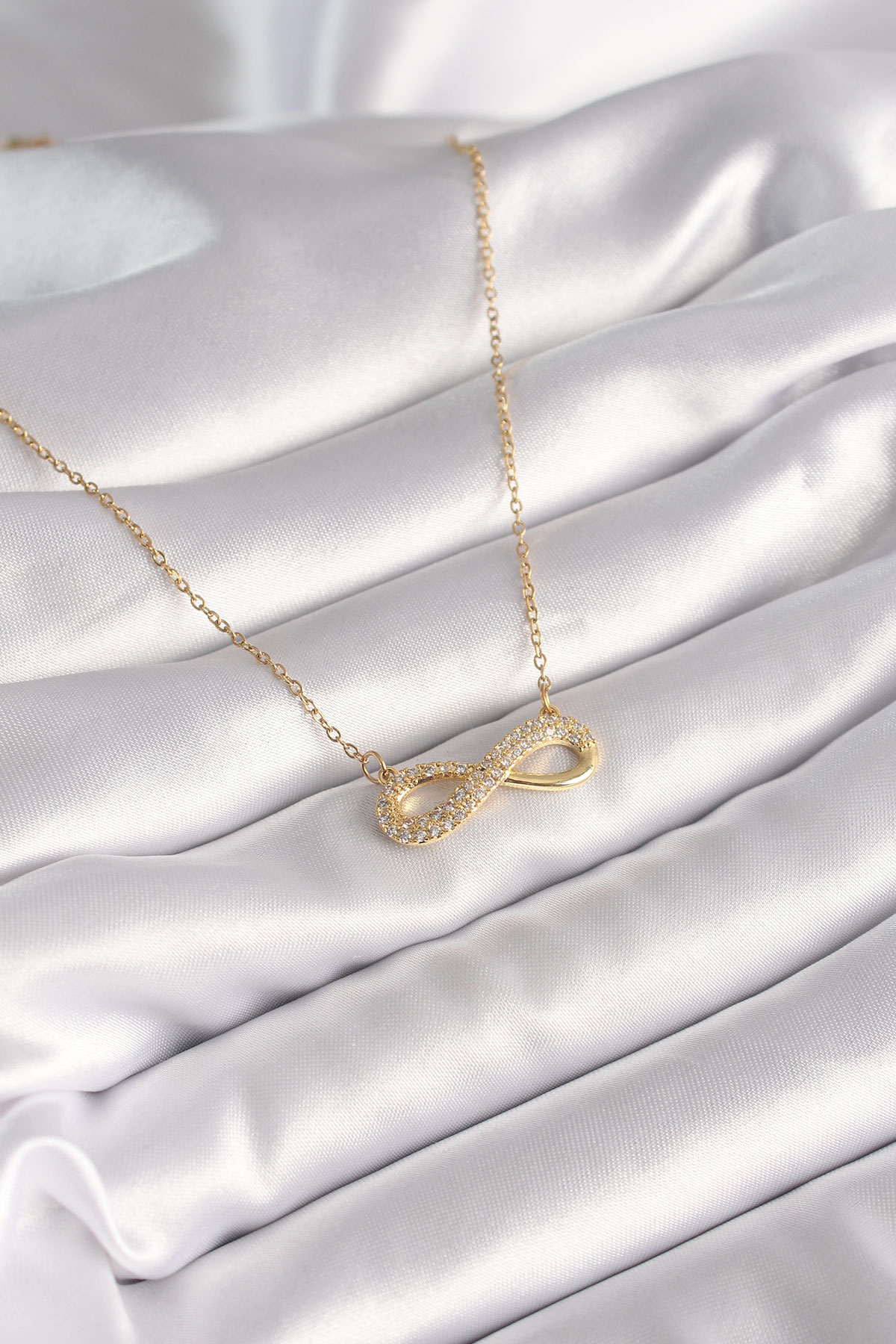 316L Çelik Gold Renk Zincir Zirkon Taşlı Sonsuzluk Model Kadın Kolye 5886
