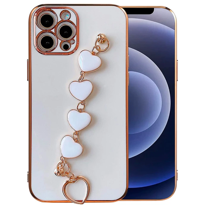 Ally iPhone 13 Pro Max 6.7inç Kılıf Kalp Bileklik Tutuculu Lüx Silikon Askılı Kılıf-(1903)