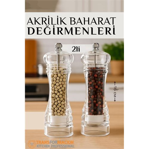 HSNET Baharat Öğütücü - Baharat Karabiber Tuz Değirmeni Ahşap Akrilik Kristal 2 li SET 