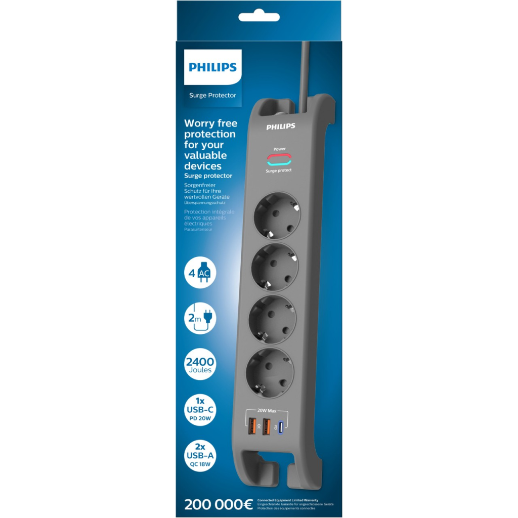 PHILIPS SPN4140GA/62 4 Soket Akım Korumalı Priz 2400 Joules 2Mt Kablo 1xUsb-C PD 20W Hızlı Şarj 2xUsb-A QC 18W (Gri)(1923) 2