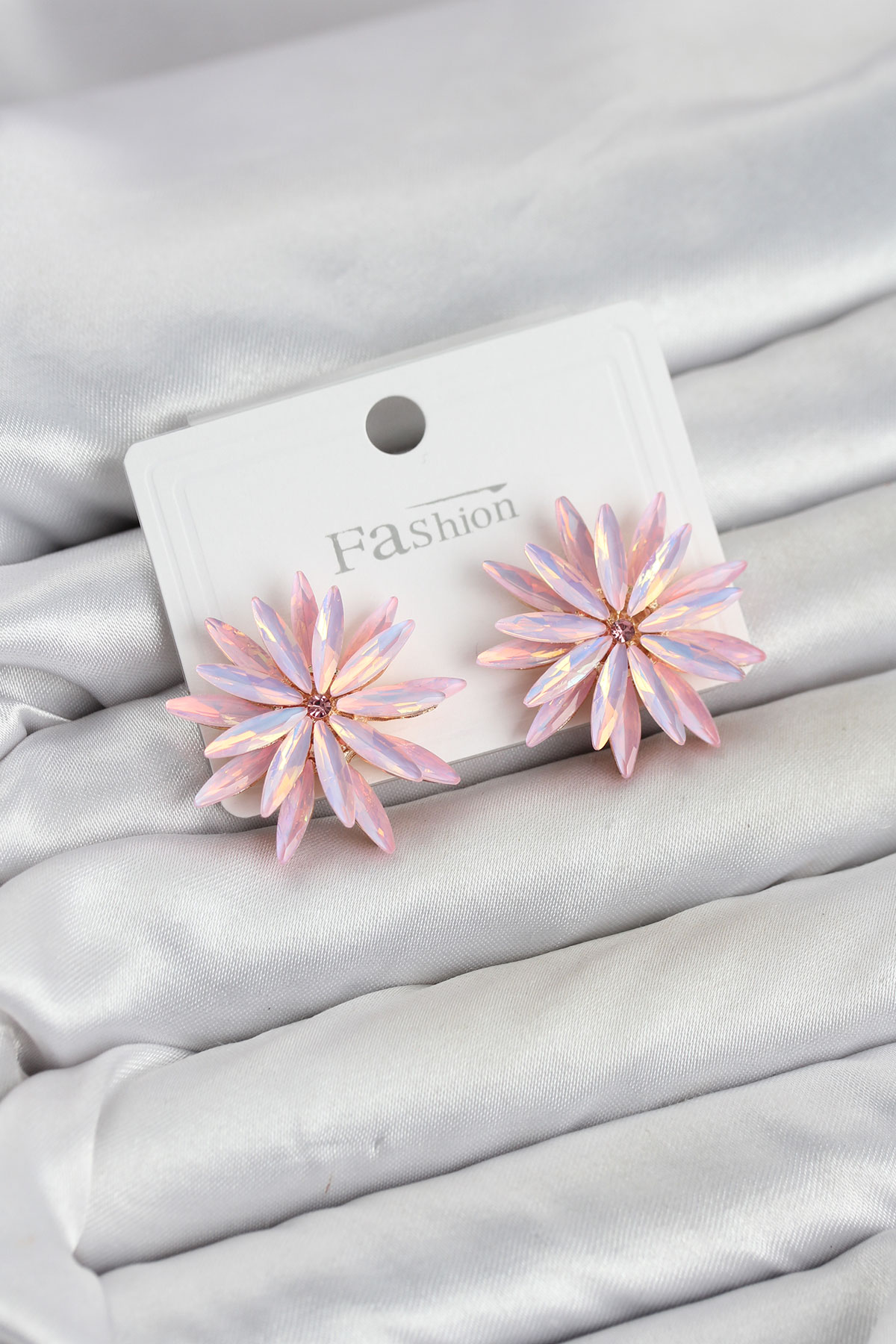 Lotus Model Pembe Renk Kristal Taşlı Kadın Küpe 5886