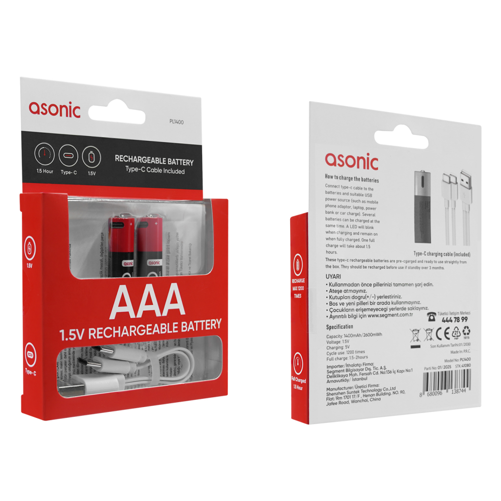 ASONIC PL1400 AA Şarjlı Pil 1.5Volt 1400mAh/2600mwh Type-C ile Kolay Şarj  2 li Paket (USB To Type-C Kablo Hediye)(1923) 5