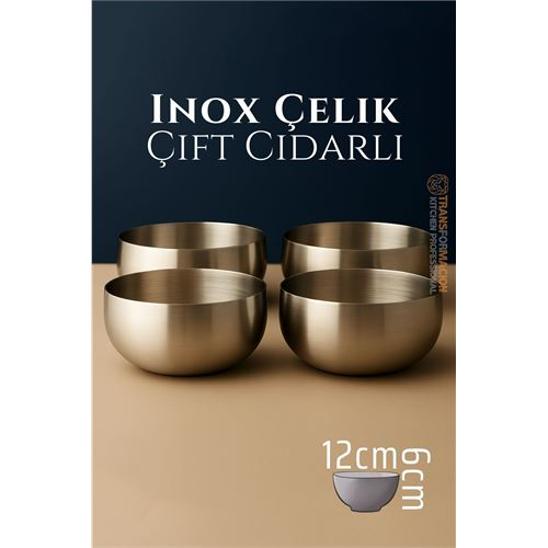 HSNET Çift Cidarlı Kase - Inox Çelik Kase 12 cm  4 LÜ SET 