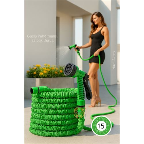 15 Metre Premium Uzayabilen Bahçe Hortumu - 7 Fonksiyonlu Başlık ve Esnek Tasarım 