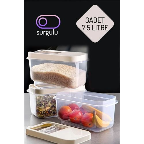 HSNET Erzak Bakliyat Saklama Kabı 3 lü Set 7.5 Lt Krem 