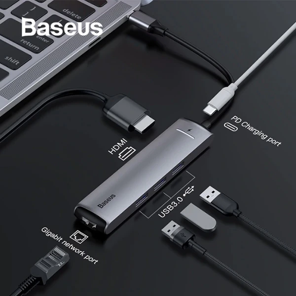 Baseus Usb Type C 6in1 HDMI 3x USB 3.0 RJ45 Çoğaltıcı Adaptör-(1903)