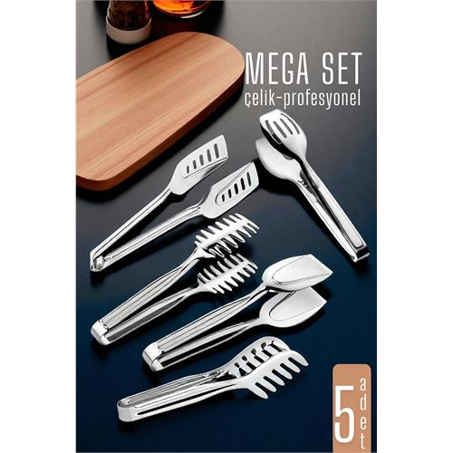 HSNET Mutfak Maşa Seti - Makarna Pasta Salata Çok Amaçlı Maşa 5 li SET 304 Paslanmaz Çelik 