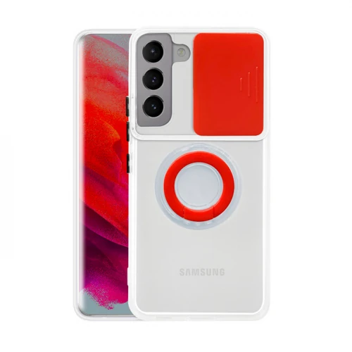 SM Galaxy S21 FE Kılıf Sürgülü Kamera Lens Korumalı Yüzük Standlı Silikon Kılıf-(1903)