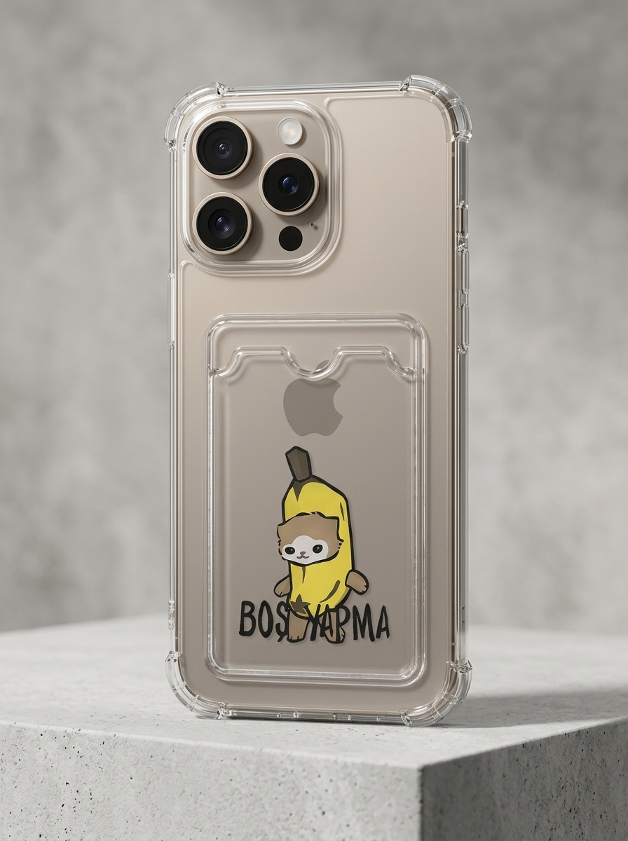 iPhone 16 Pro Max Boş Yapma Muz Detaylı Kart Bölmeli Şeffaf Telefon Kılıfı