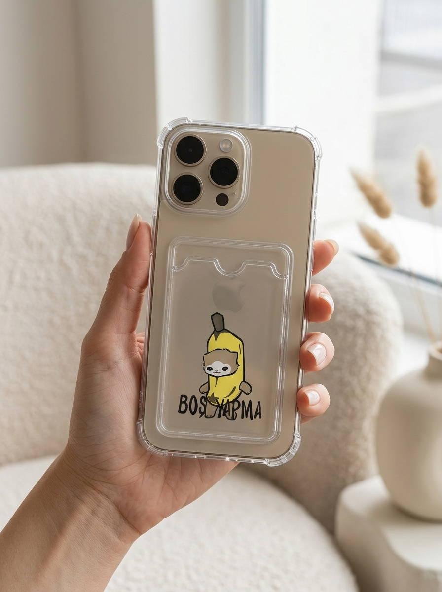 iPhone 16 Pro Max Boş Yapma Muz Detaylı Kart Bölmeli Şeffaf Telefon Kılıfı