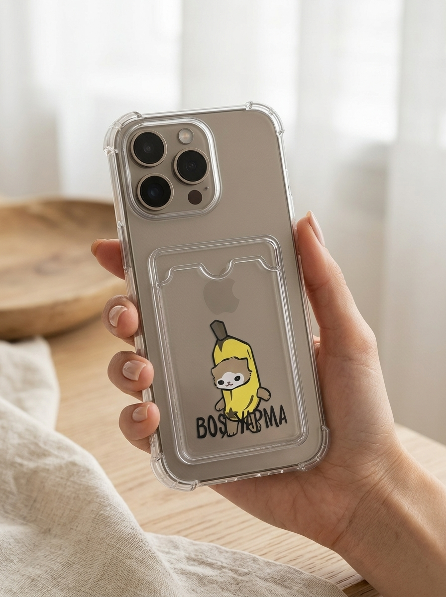 iPhone 16 Pro Max Boş Yapma Muz Detaylı Kart Bölmeli Şeffaf Telefon Kılıfı