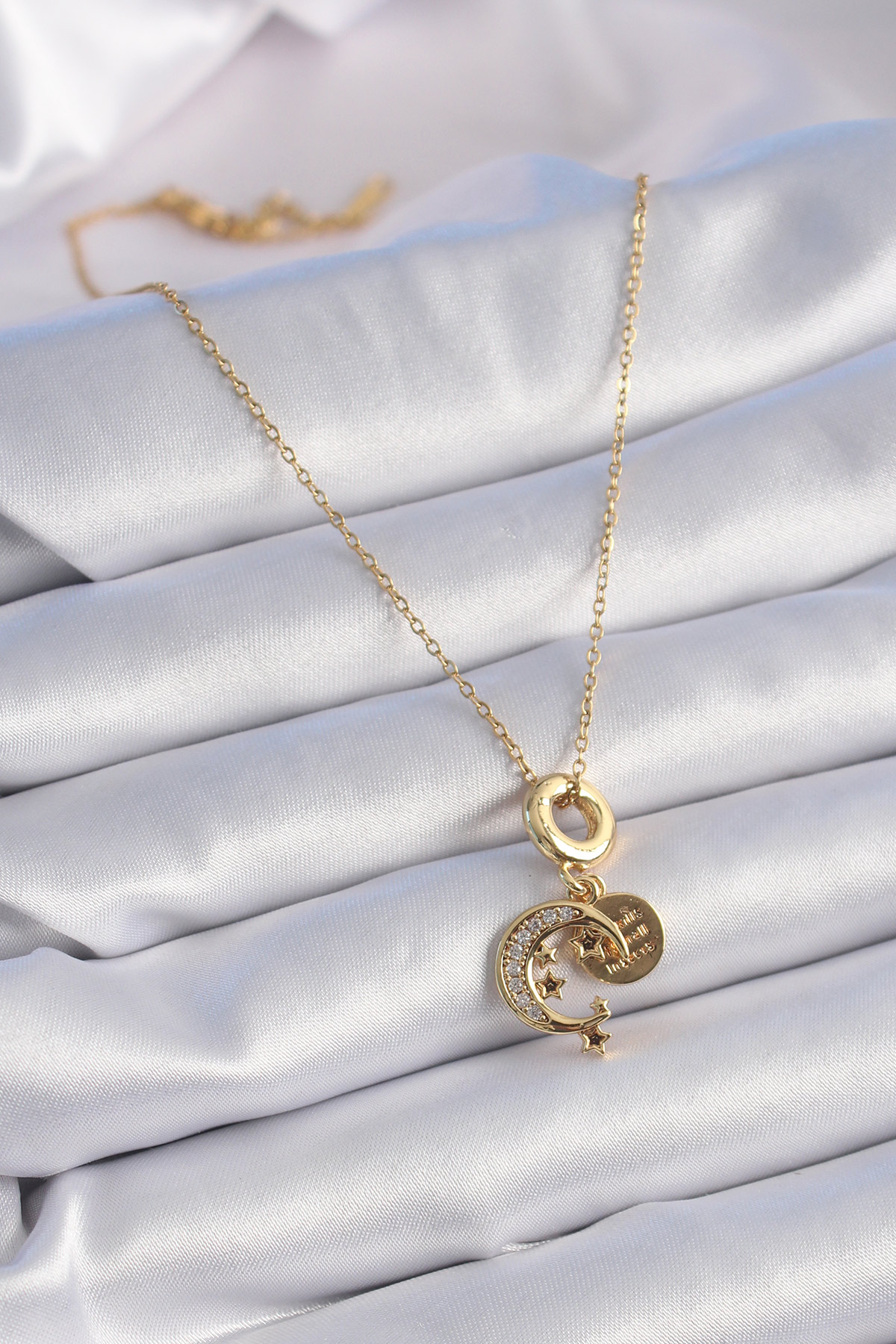 316L Çelik Gold Renk Zirkon Taşlı Ay Yıldız  Model Charm Model Kadın Kolye 5886
