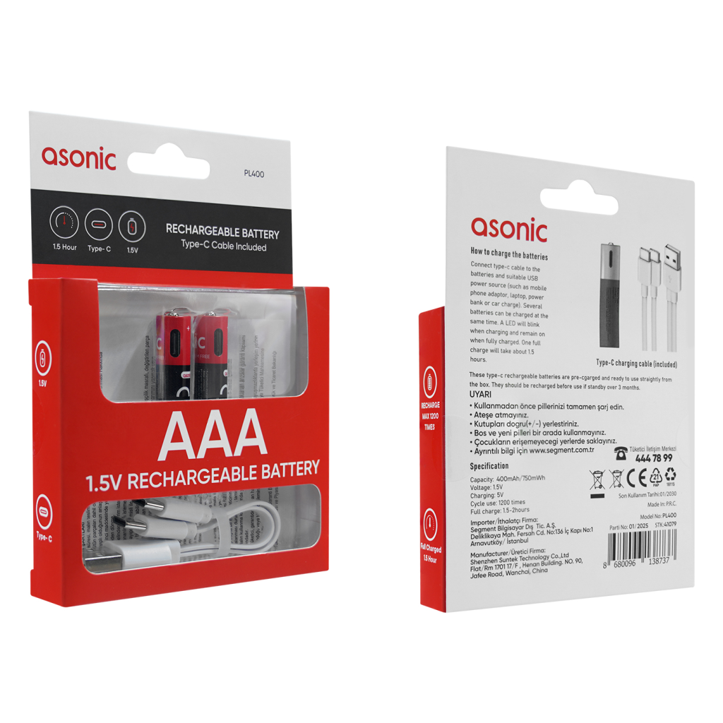 ASONIC PL400 AAA Şarjlı Pil 1.5Volt 400mAh/750mwh Type-C ile Kolay Şarj  2 li Paket (USB To Type-C Kablo Hediye)(1923) 5