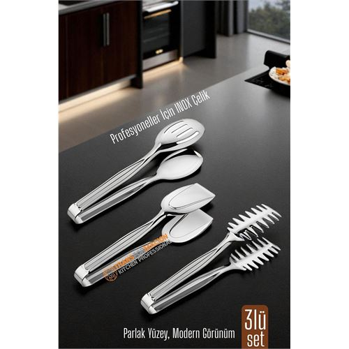 3’lü İnox Çelik Mutfak Maşa Seti - Makarna Pasta Salata Çok Amaçlı Maşa 3 lü SET 