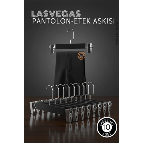 LasVegas  Siyah Ahşap Pantolon ve Etek Askı Seti 10'lu Set, Lüks Amerikan Kancalı 