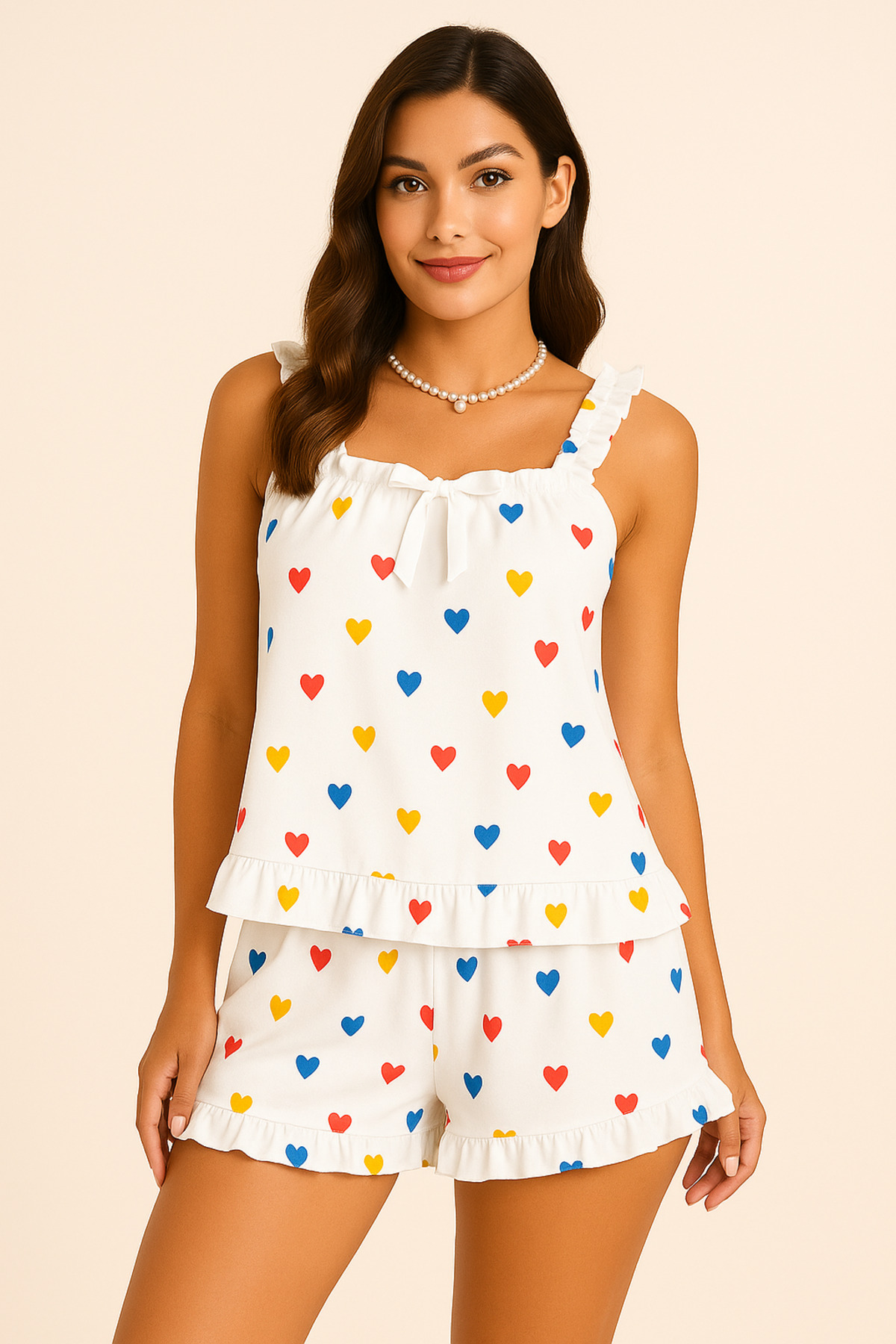 Kalp Baskılı Yumuşak Dokulu İp Askılı Şortlu Örme Pijama Takımı-(17952) 3