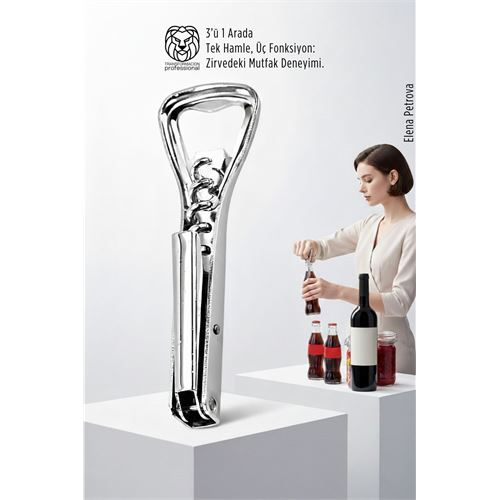 3’ü 1 Arada Profesyonel Çelik Tirbüşon: Lüks Şişe ve Kavanoz Açacağı Kombine Set 