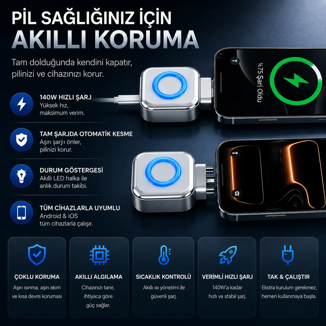 ALLY HyperCharge 140W AI Akıllı Şarj Kesici Adaptör – Şarj Dolunca Otomatik Kapanan Batarya Koruyucu-(5775)