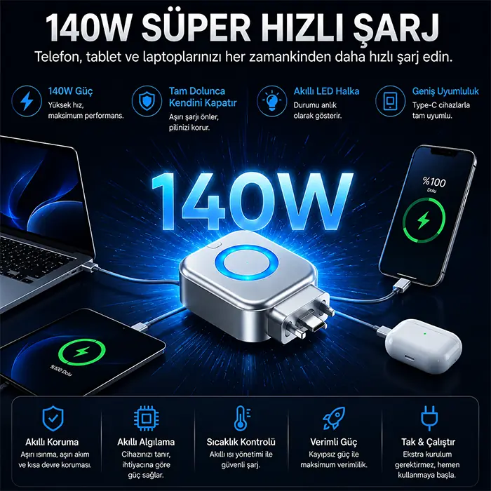 ALLY HyperCharge 140W AI Akıllı Şarj Kesici Adaptör – Şarj Dolunca Otomatik Kapanan Batarya Koruyucu-(5775)