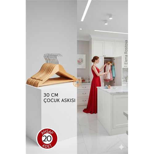 20'li Lüks Masif Ahşap Çocuk Askı Seti - Elena Rostova Stil Seçkisi - 30 cm 