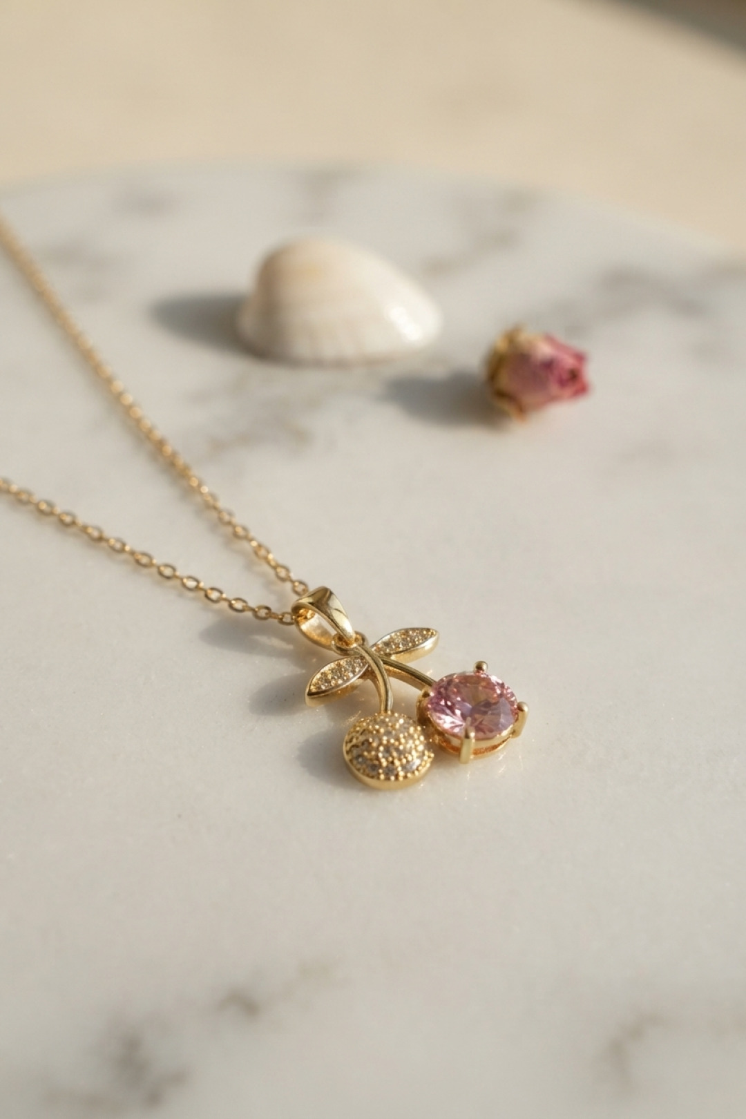 316L Çelik Zincir Gold Renk Pembe Kiraz Model Kolye 5886