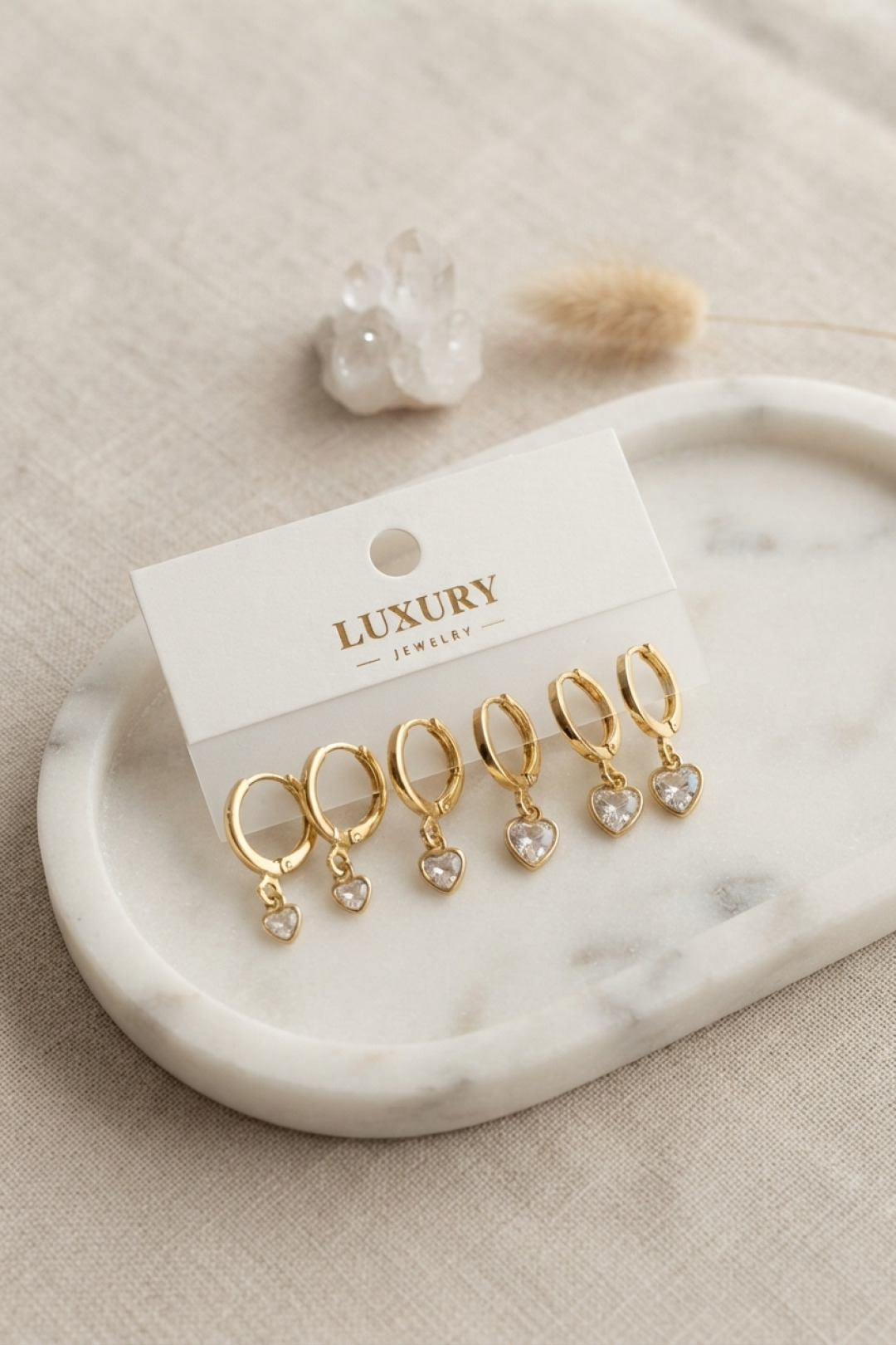 Kalp Zirkon Taşlı Gold Renk Pirinç Set Küpe 5886