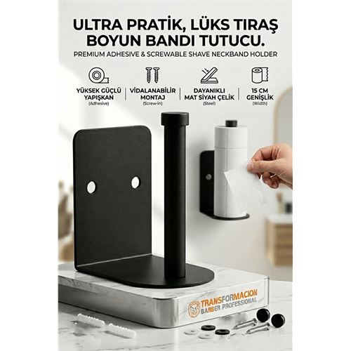 Mat Siyah Metal Berber Boyun Kağıdı Tutucu Askısı (Yapışkanlı & Vidalı) 723023