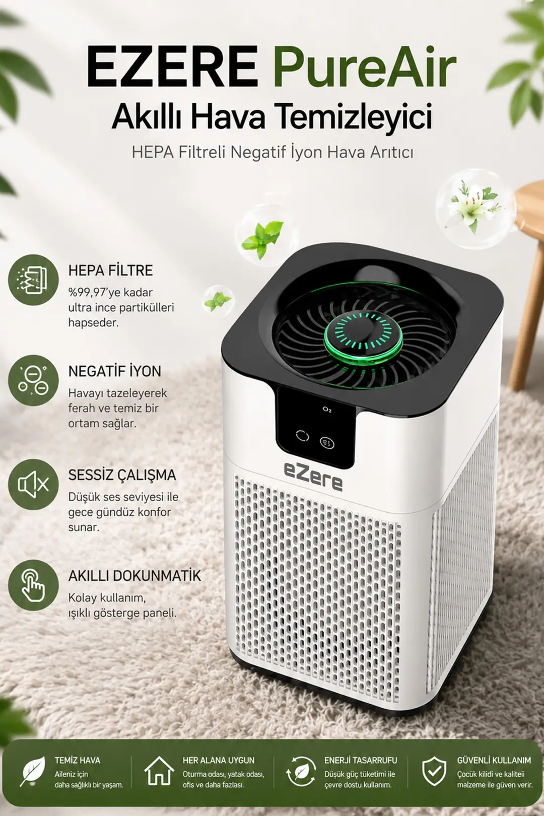 EZERE PureAir Akıllı Hava Temizleyici HEPA Filtreli Negatif İyon Hava Arıtıcı-(5775)
