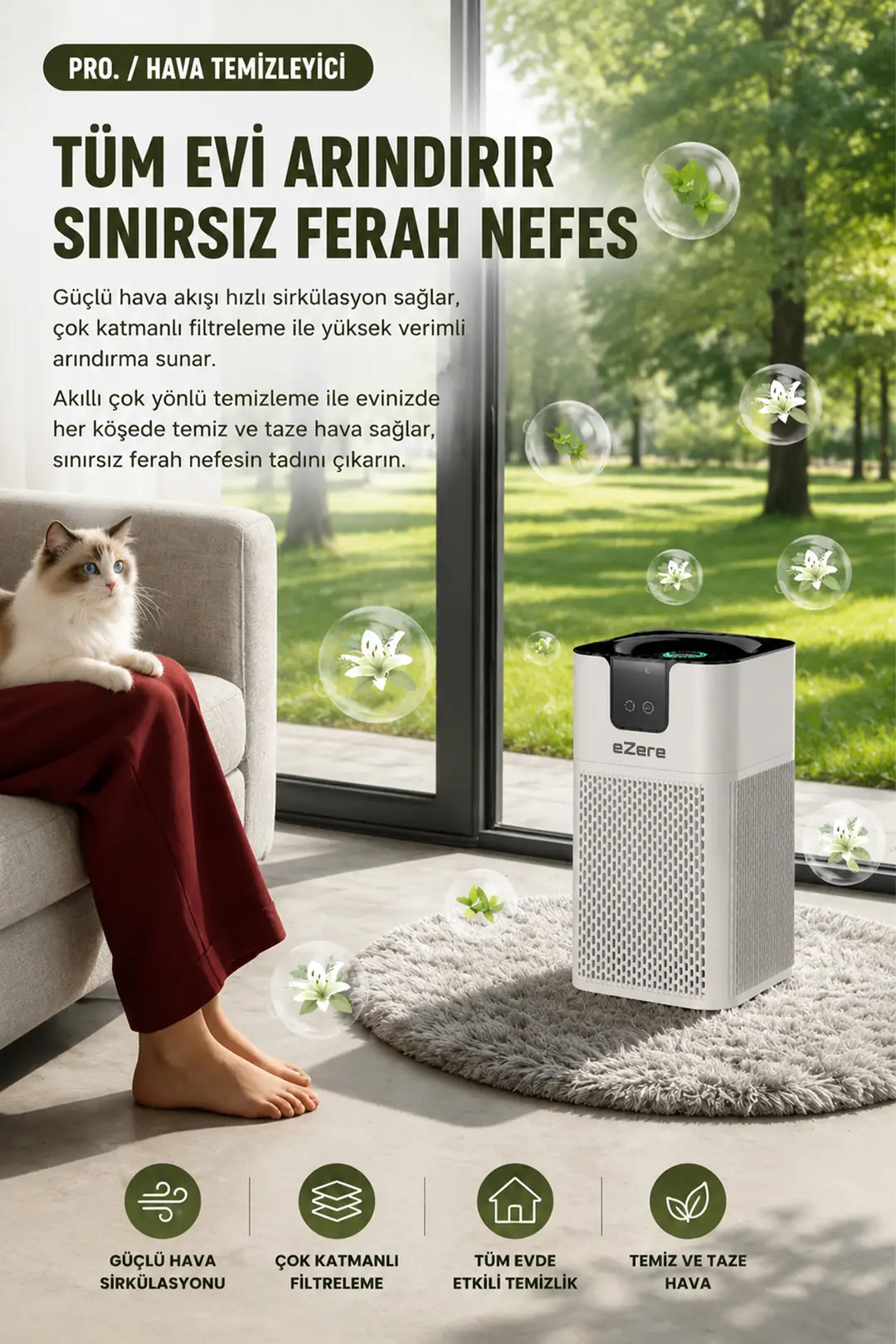 EZERE PureAir Akıllı Hava Temizleyici HEPA Filtreli Negatif İyon Hava Arıtıcı-(5775)