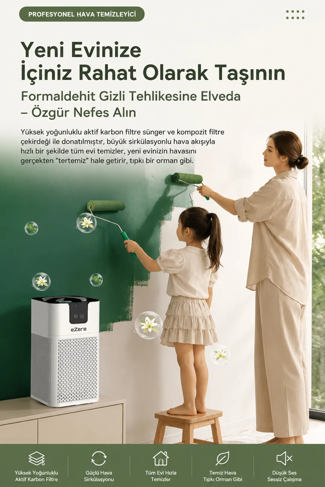 EZERE PureAir Akıllı Hava Temizleyici HEPA Filtreli Negatif İyon Hava Arıtıcı-(5775)