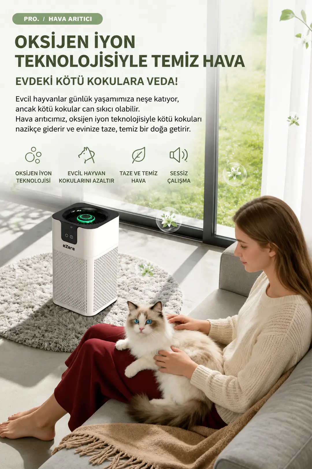 EZERE PureAir Akıllı Hava Temizleyici HEPA Filtreli Negatif İyon Hava Arıtıcı-(5775)