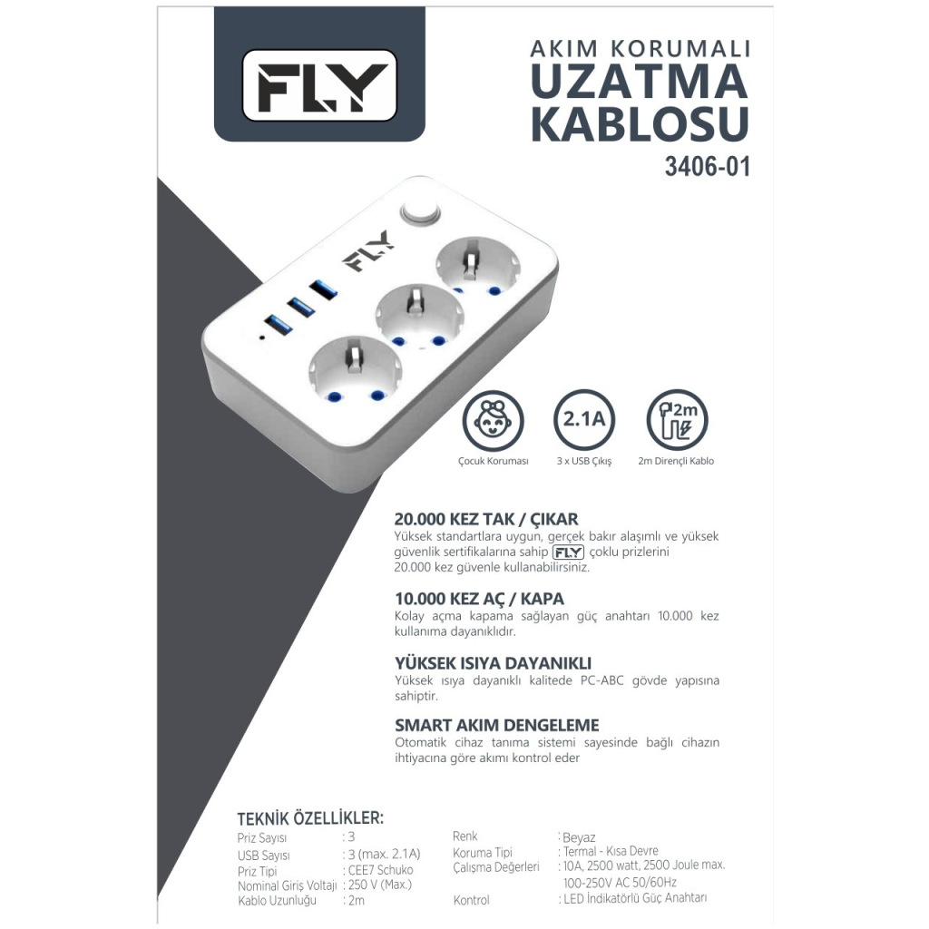 FLY 3406-01 3 Soket 3 USB Akım Korumalı Priz 2.1A Anahtarlı 2Mt Kablo (Beyaz)(1923) 3