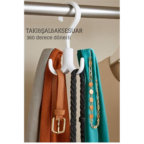 360° Dönerli Kancalı Çok Amaçlı Askı - Dolap İçi Düzenleyici Takı Askısı Şal Askısı 