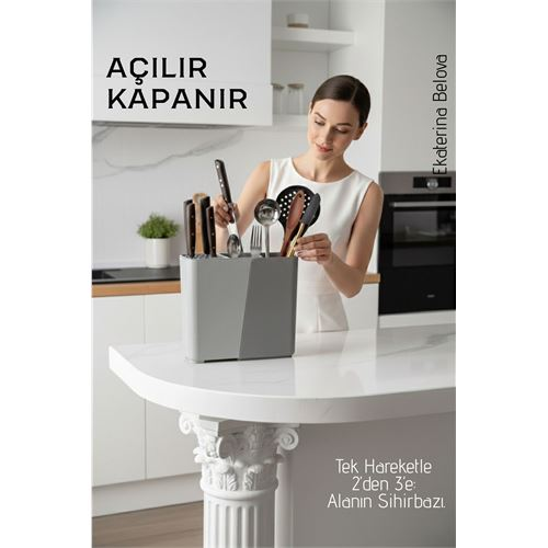 Akıllı Sürgülü Bıçaklık ve Kaşıklık Organizeri - Ayarlanabilir Tezgah Üstü Mutfak Düzenleyici 