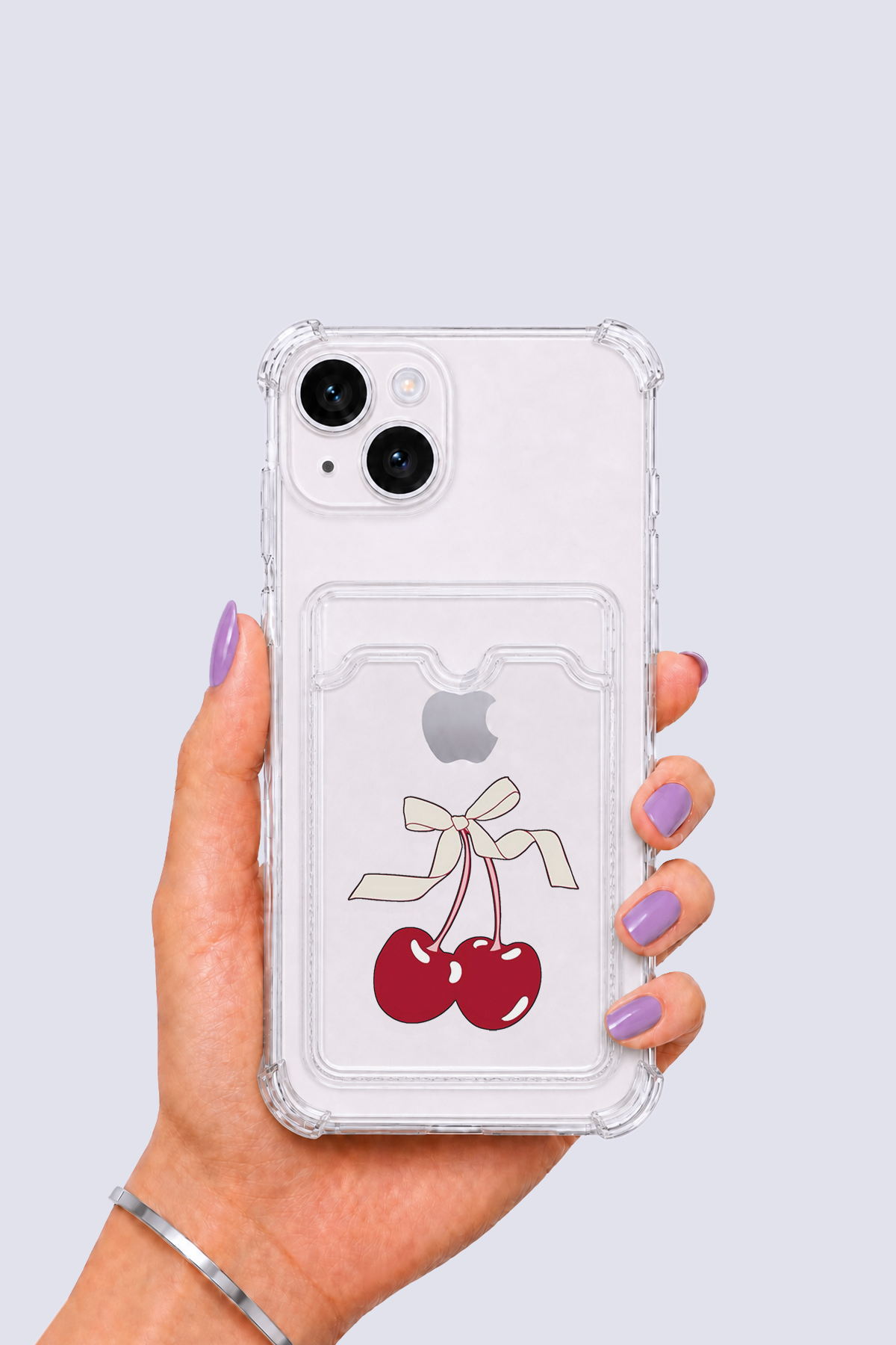 iPhone 14 Kartlıklı Kiraz Desenli Kılıf