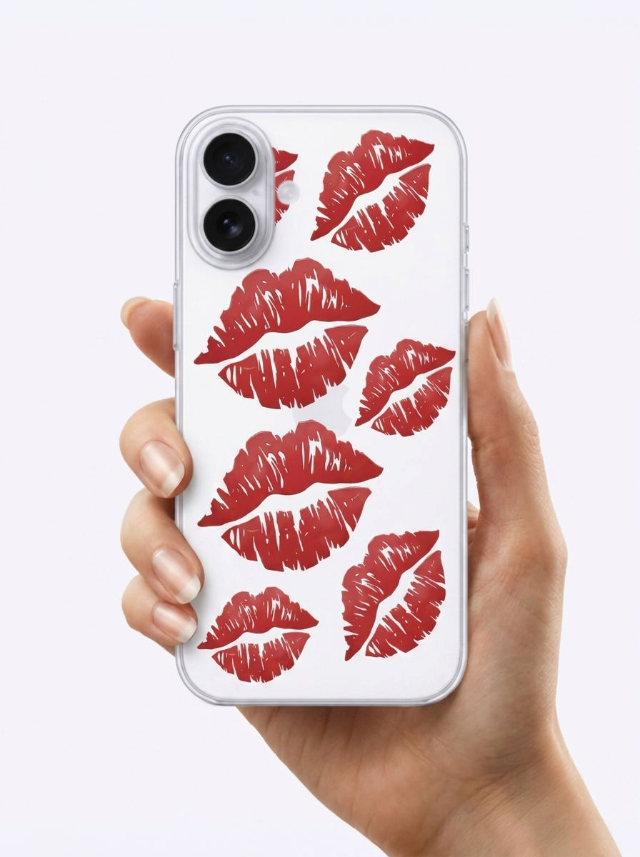 İphone 15 Kırmızı Dudak / Öpücük Desenli Şeffaf Telefon Kılıfı