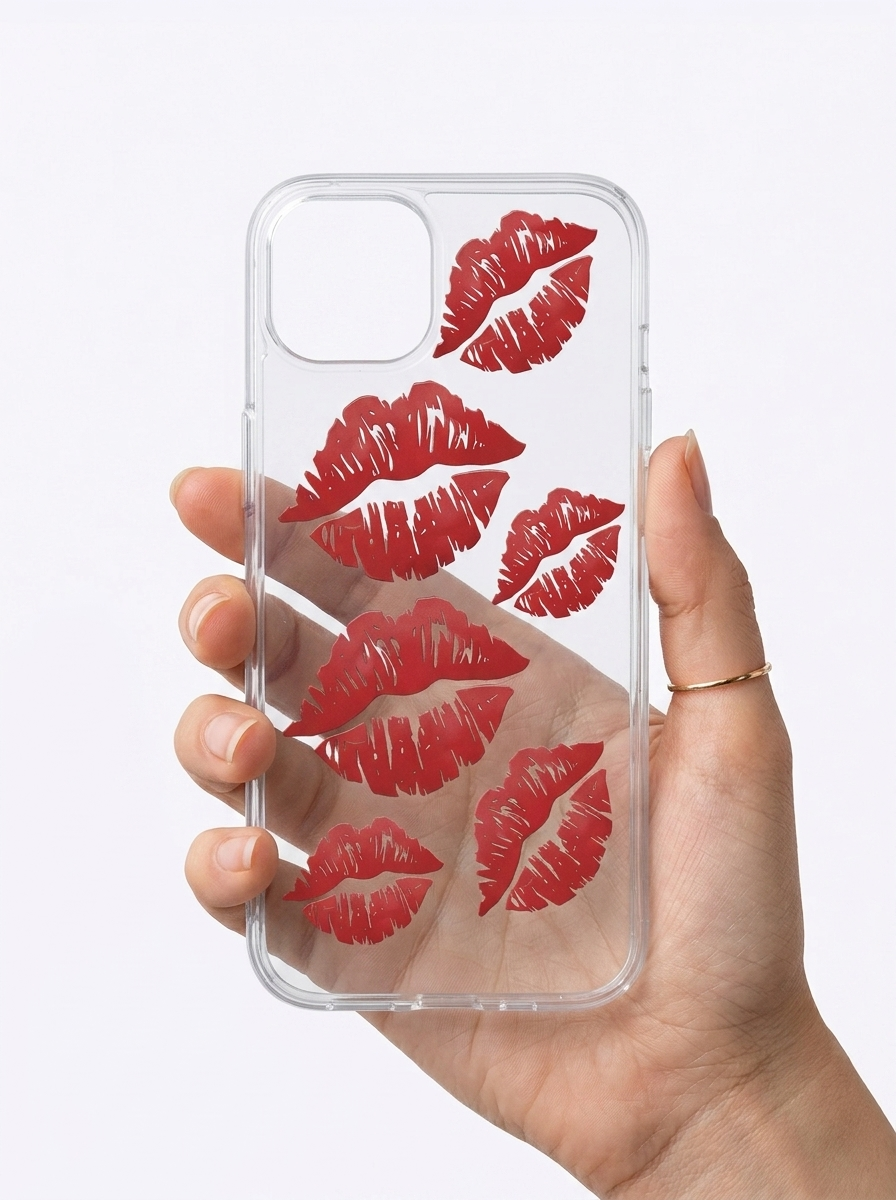 İphone 15 Kırmızı Dudak / Öpücük Desenli Şeffaf Telefon Kılıfı