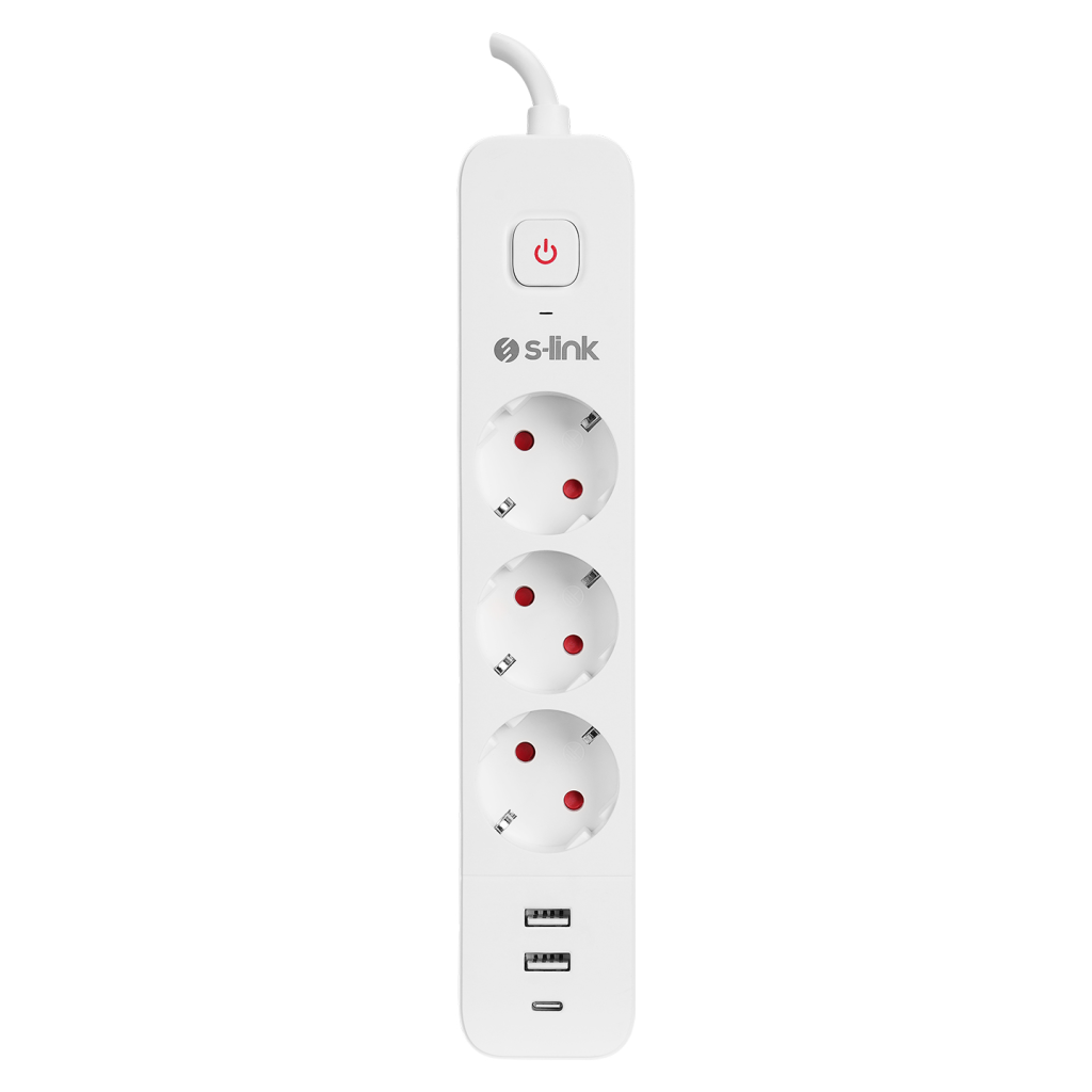 S-LINK SPG03TC 3 Soket Akım Korumalı Priz 1x Type-C 2xUSB 5V 4A 1.5Mt %100 Bakır 1mm Kablo 750 Joule (Beyaz)(1923)