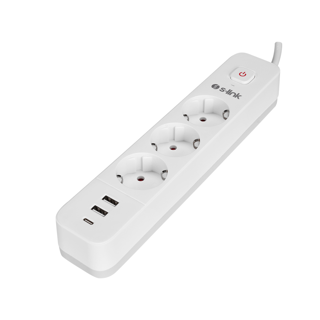 S-LINK SPG03TC 3 Soket Akım Korumalı Priz 1x Type-C 2xUSB 5V 4A 1.5Mt %100 Bakır 1mm Kablo 750 Joule (Beyaz)(1923)
