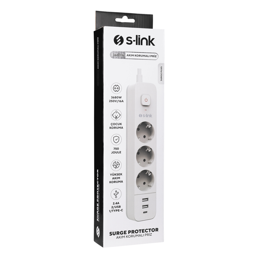 S-LINK SPG03TC 3 Soket Akım Korumalı Priz 1x Type-C 2xUSB 5V 4A 1.5Mt %100 Bakır 1mm Kablo 750 Joule (Beyaz)(1923)