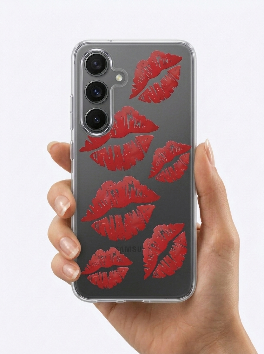 Samsung S25 Kırmızı Dudak / Öpücük Desenli Şeffaf Telefon Kılıfı