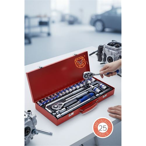 25 Parça Profesyonel Heavy Duty Lokma Takımı - 1/2" Cırcır Kolu ve Çelik Soket Seti (Çantalı) 