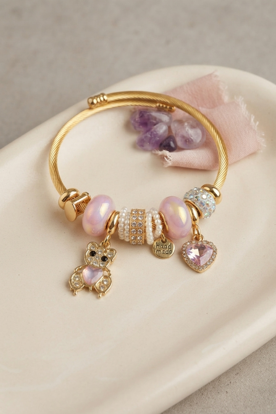 Pembe Renk Teddy Bear Model Gold Charmlı Bileklik 5886