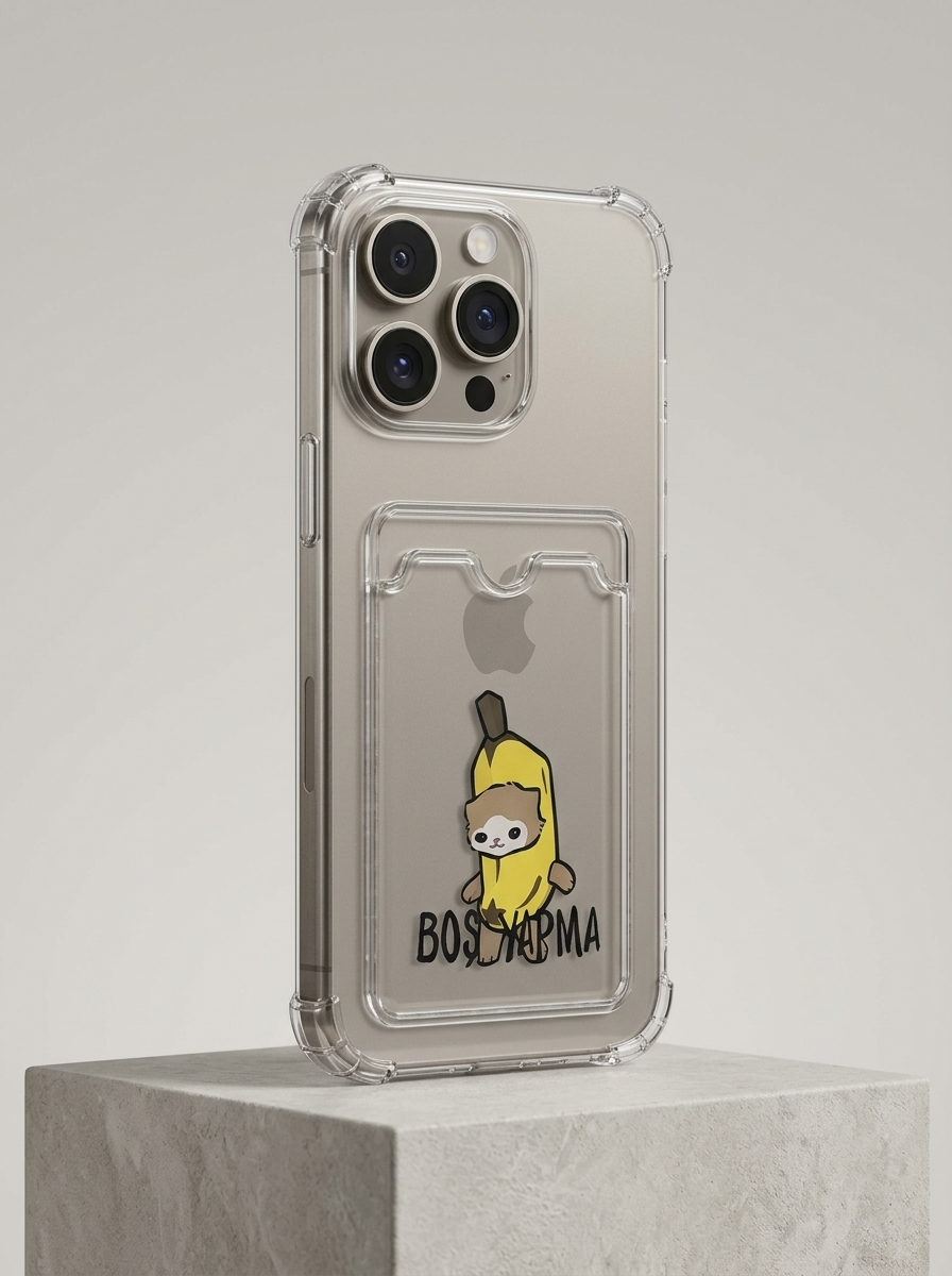 iPhone 15 Pro Max Boş Yapma Muz Detaylı Kart Bölmeli Şeffaf Telefon Kılıfı