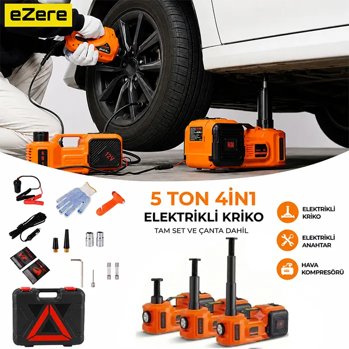 EZERE PowerLift Pro 5 Ton Çok Fonksiyonlu Elektrikli Hidrolik Kriko Lift Kaldırma / Kompresör / Bijon Sökme / LED Işık-(1903)