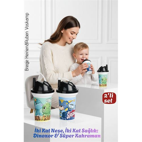 Çocuk Pipetli Bardak Seti 2'li Dinozor & Süper Kahraman İkili Eğlenceli Kapaklı Suluk Matara 300 ml 