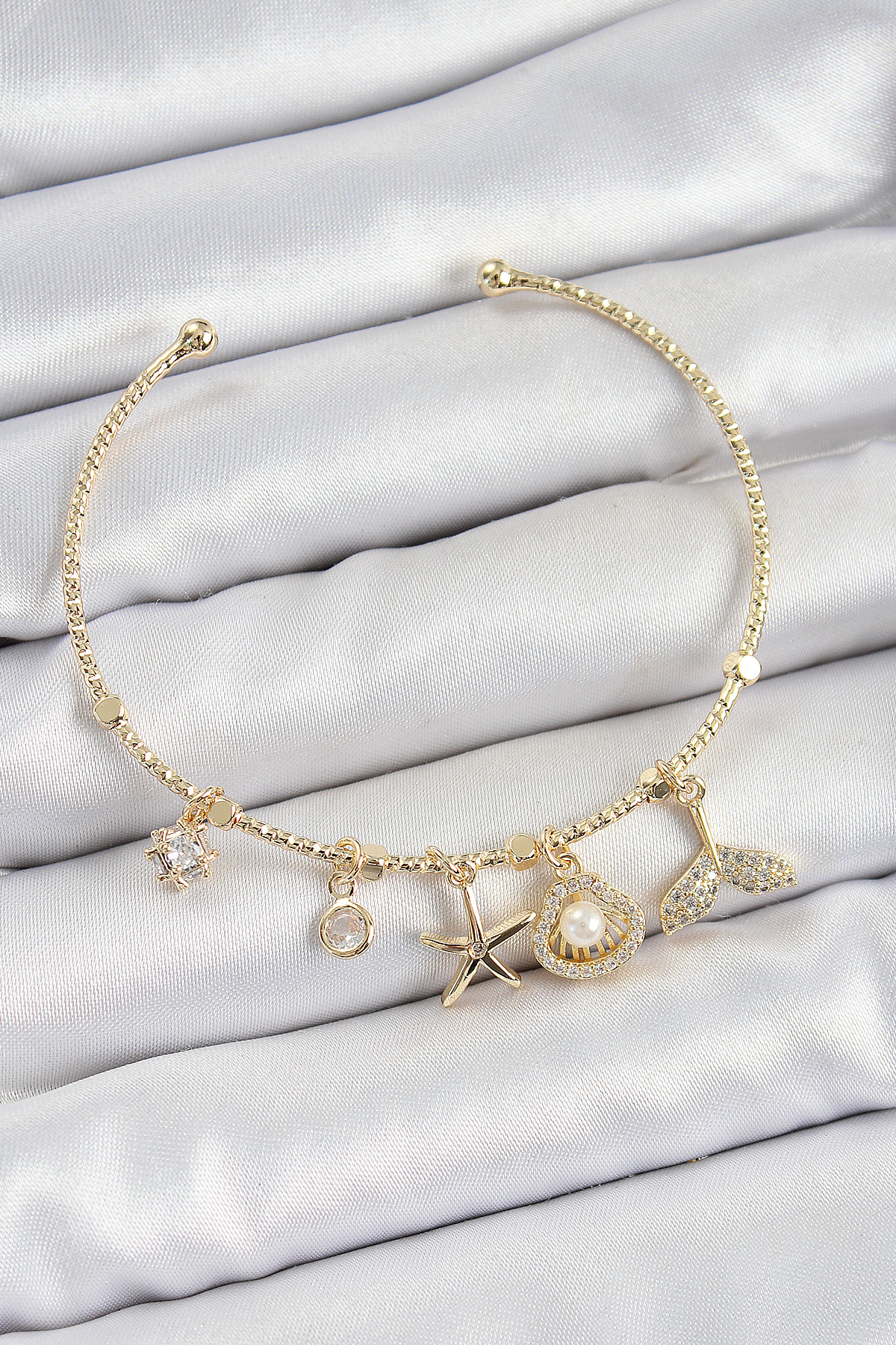 Pirinç Zirkon Taşlı İstiridye Ve Deniz Yıldızı Model Gold Renk Charm Bileklik 5886