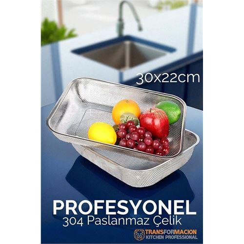 HSNET Büyük 30X22 CM Kevgir - Profesyonel Süzgeç 304 Paslanmaz Çelik  