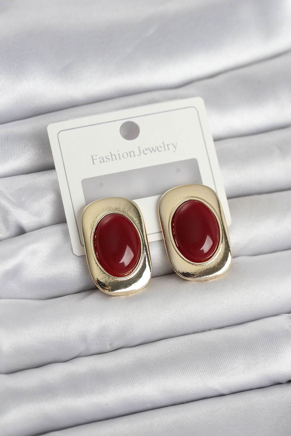 Bordo Renk Kare Model Vintage Kadın Küpe 5886