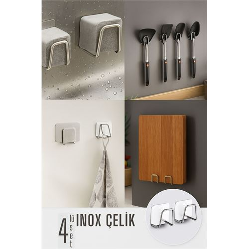 HSNET Inox Çelik Çok Amaçlı Askı - Banyo Askısı - Mutfak Askısı Profesyonel 4 lü SET 